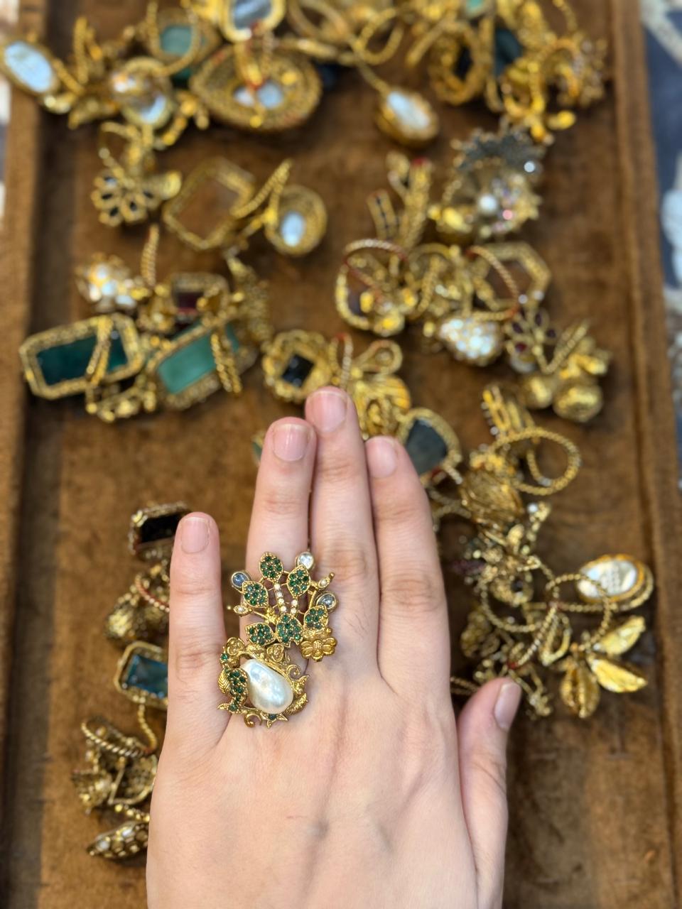 Turkish Ottoman Ring | Antique Gold Statement Ring with Semi-Precious Stone & Pearl Detail | New Arrival 25