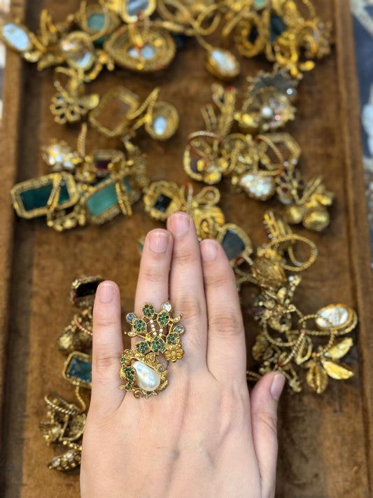 Turkish Ottoman Ring | Antique Gold Statement Ring with Semi-Precious Stone & Pearl Detail | New Arrival 25