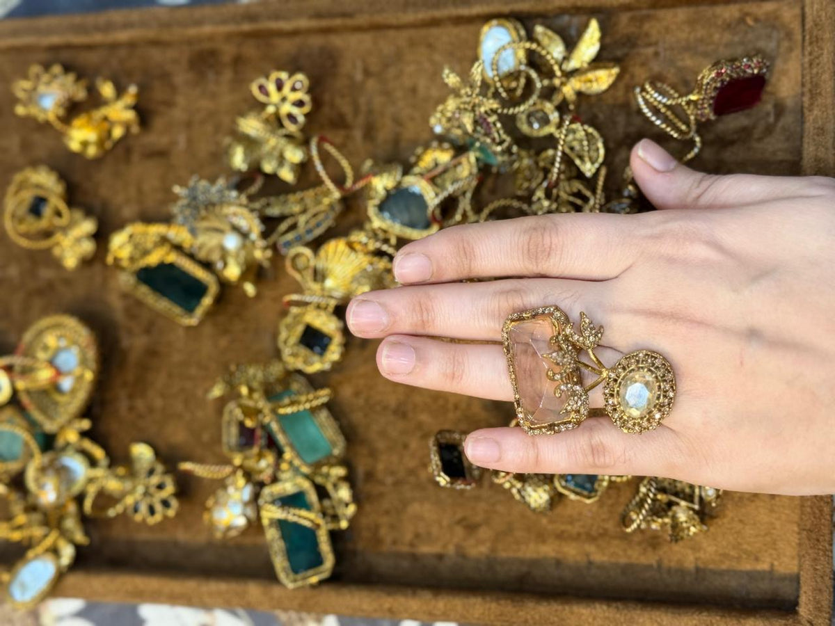Turkish Ottoman Ring | Antique Gold Statement Ring with Semi-Precious Stone & Pearl Detail | New Arrival 29