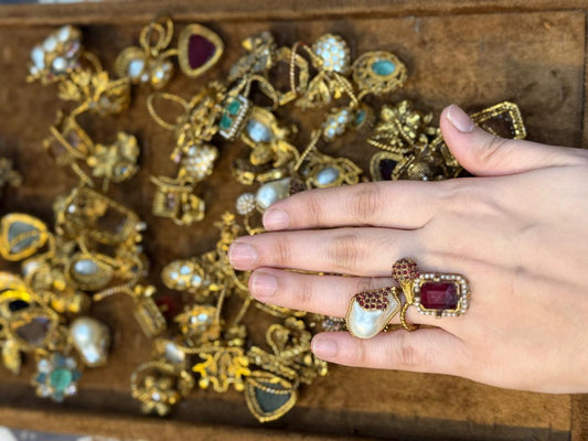 Turkish Ottoman Ring | Antique Gold Statement Ring with Semi-Precious Stone & Pearl Detail | New Arrival 30
