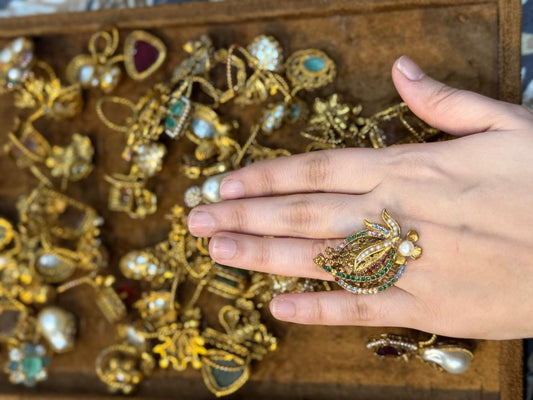 Turkish Ottoman Ring | Antique Gold Statement Ring with Semi-Precious Stone & Pearl Detail | New Arrival 31