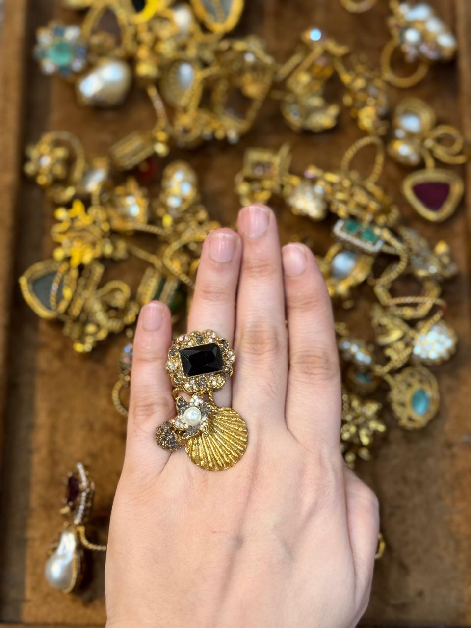 Turkish Ottoman Ring | Antique Gold Statement Ring with Semi-Precious Stone & Pearl Detail | New Arrival 33