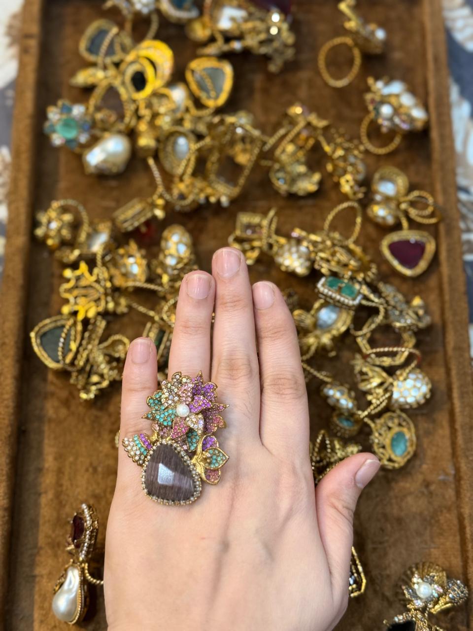 Turkish Ottoman Ring | Antique Gold Statement Ring with Semi-Precious Stone & Pearl Detail | New Arrival 34