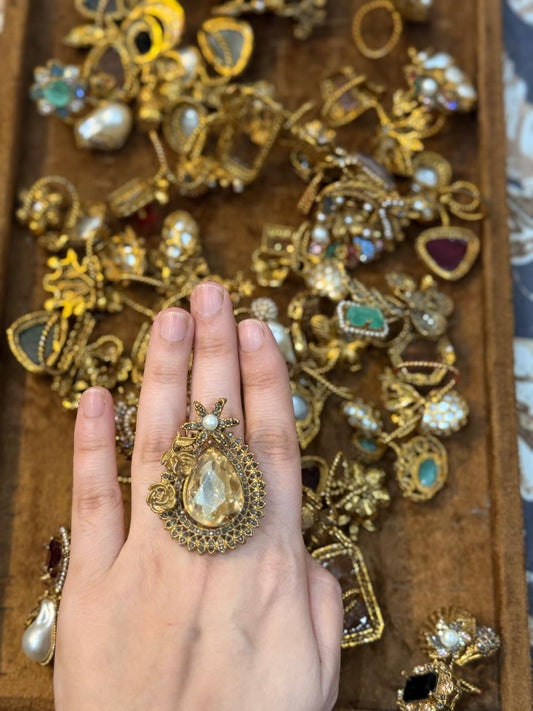 Turkish Ottoman Ring | Antique Gold Statement Ring with Semi-Precious Stone & Pearl Detail | New Arrival 35
