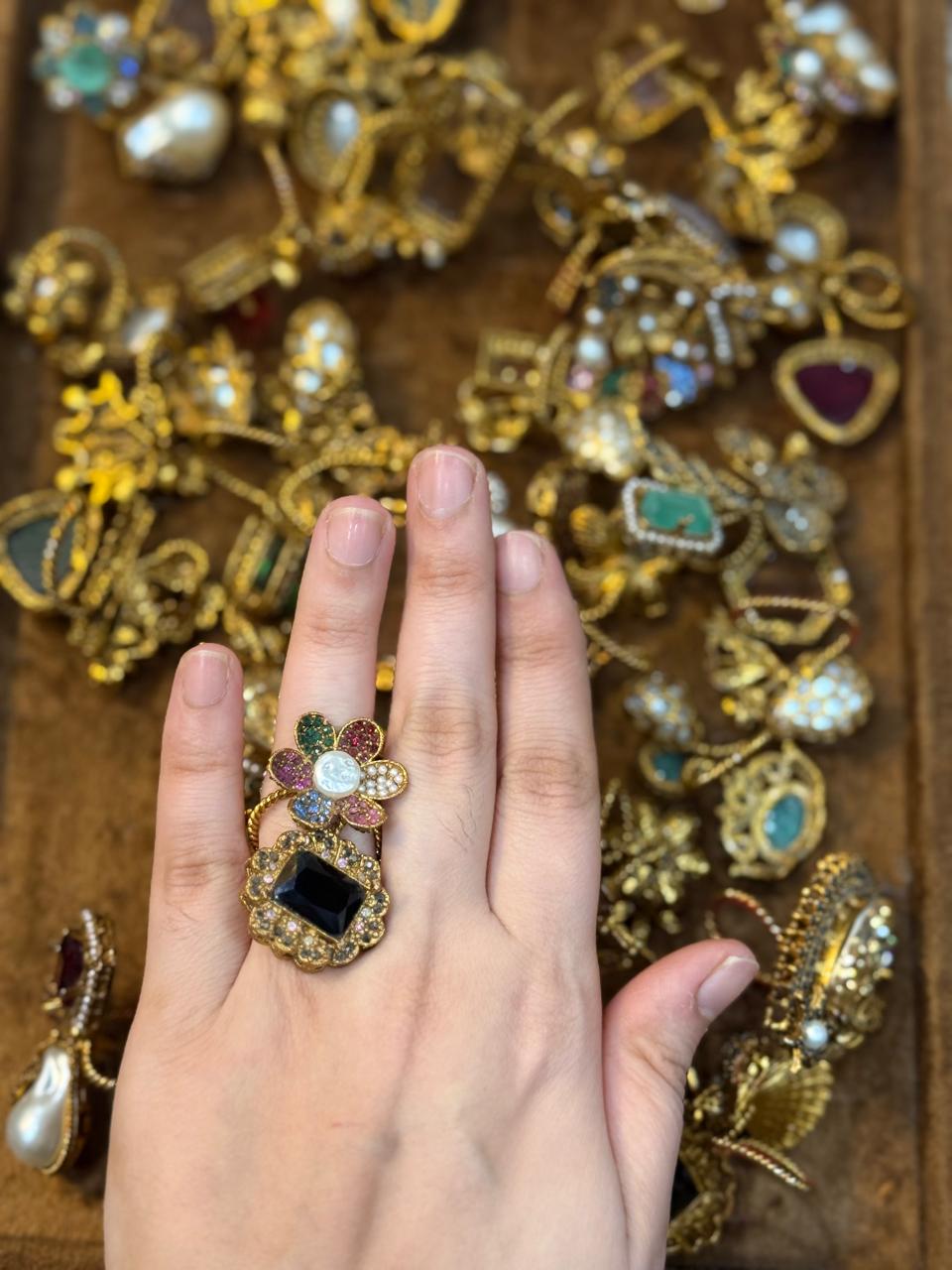 Turkish Ottoman Ring | Antique Gold Statement Ring with Semi-Precious Stone & Pearl Detail | New Arrival 36