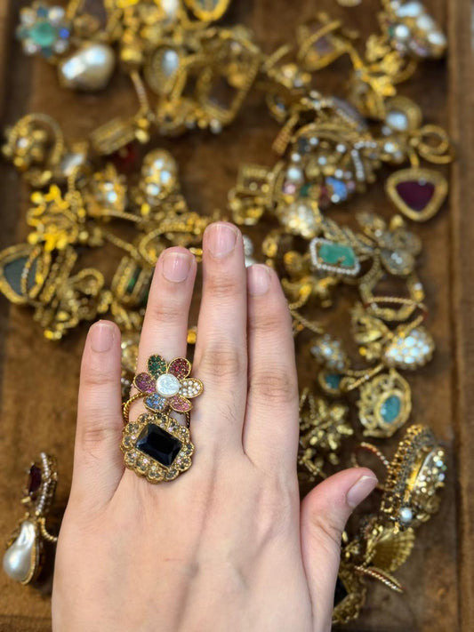 Turkish Ottoman Ring | Antique Gold Statement Ring with Semi-Precious Stone & Pearl Detail | New Arrival 36