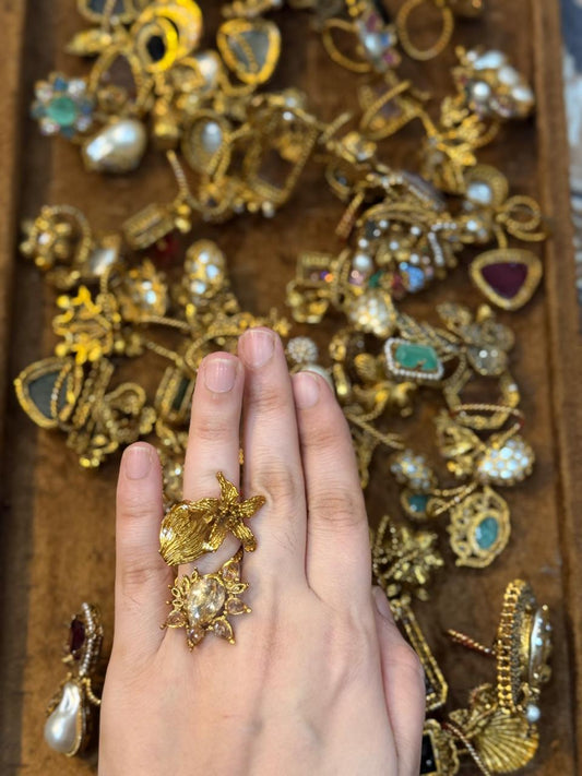 Turkish Ottoman Ring | Antique Gold Statement Ring with Semi-Precious Stone & Pearl Detail | New Arrival 37
