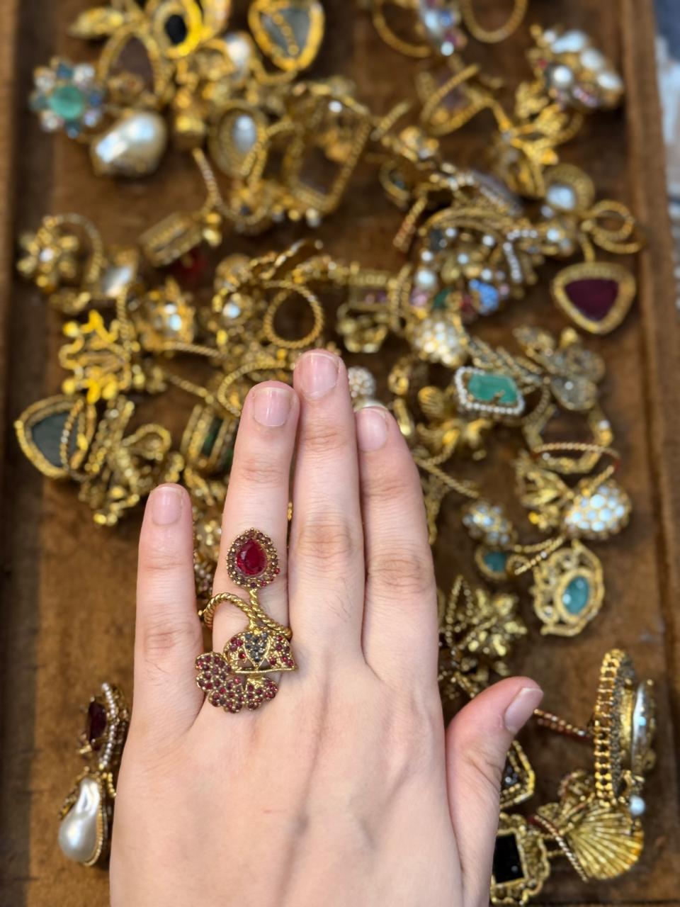 Turkish Ottoman Ring | Antique Gold Statement Ring with Semi-Precious Stone & Pearl Detail | New Arrival 38