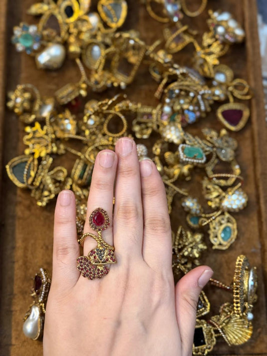 Turkish Ottoman Ring | Antique Gold Statement Ring with Semi-Precious Stone & Pearl Detail | New Arrival 38