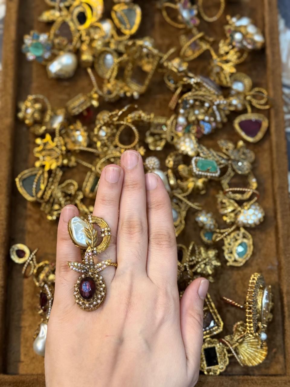 Turkish Ottoman Ring | Antique Gold Statement Ring with Semi-Precious Stone & Pearl Detail | New Arrival 39