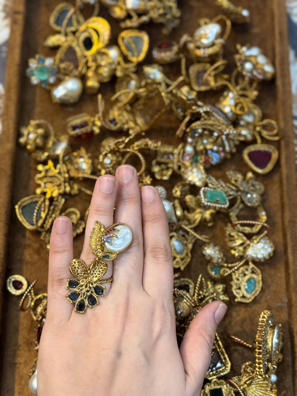Turkish Ottoman Ring | Antique Gold Statement Ring with Semi-Precious Stone & Pearl Detail | New Arrival 40