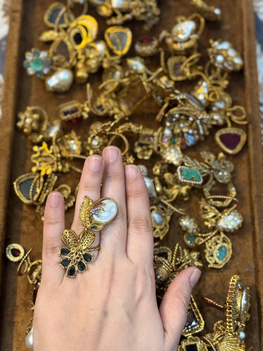 Turkish Ottoman Ring | Antique Gold Statement Ring with Semi-Precious Stone & Pearl Detail | New Arrival 40