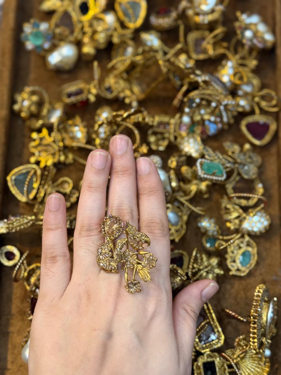 Turkish Ottoman Ring | Antique Gold Statement Ring with Semi-Precious Stone & Pearl Detail | New Arrival 41