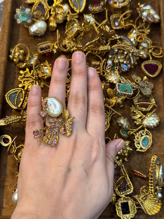 Turkish Ottoman Ring | Antique Gold Statement Ring with Semi-Precious Stone & Pearl Detail | New Arrival 42