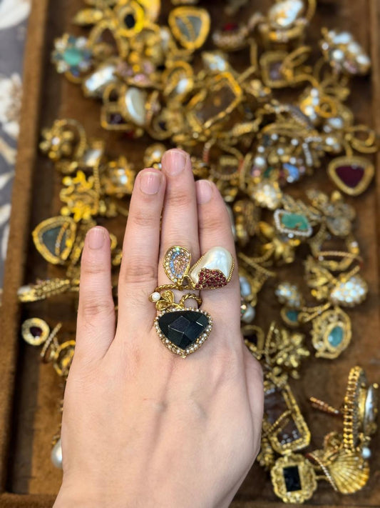 Turkish Ottoman Ring | Antique Gold Statement Ring with Semi-Precious Stone & Pearl Detail | New Arrival 43