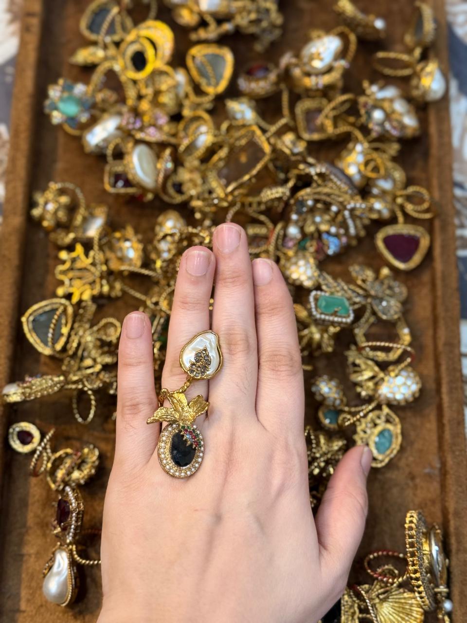 Turkish Ottoman Ring | Antique Gold Statement Ring with Semi-Precious Stone & Pearl Detail | New Arrival 44