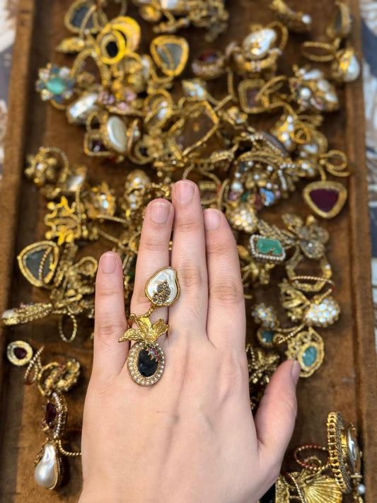 Turkish Ottoman Ring | Antique Gold Statement Ring with Semi-Precious Stone & Pearl Detail | New Arrival 44