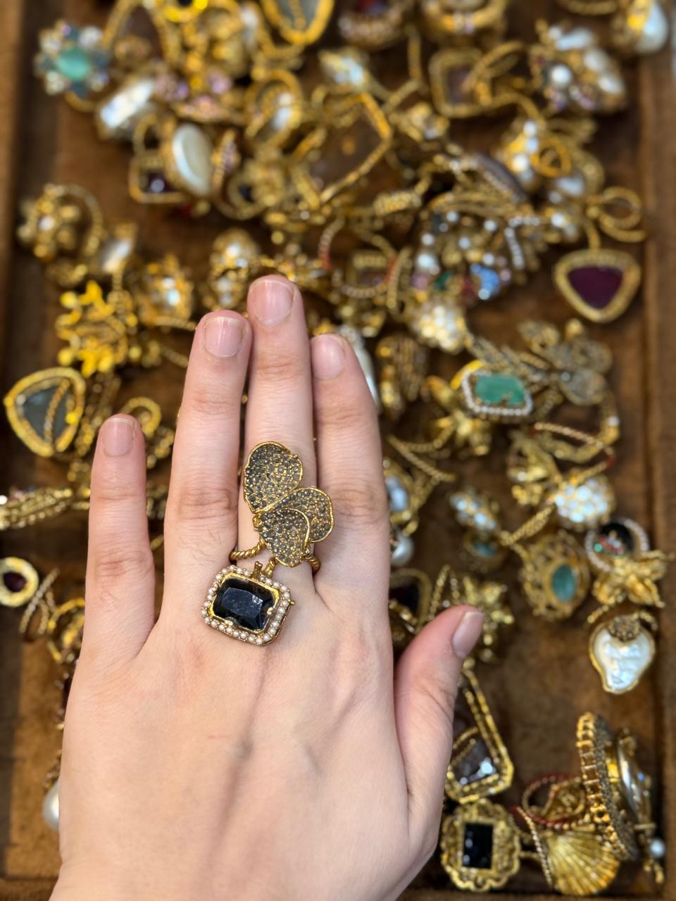 Turkish Ottoman Ring | Antique Gold Statement Ring with Semi-Precious Stone & Pearl Detail | New Arrival 45