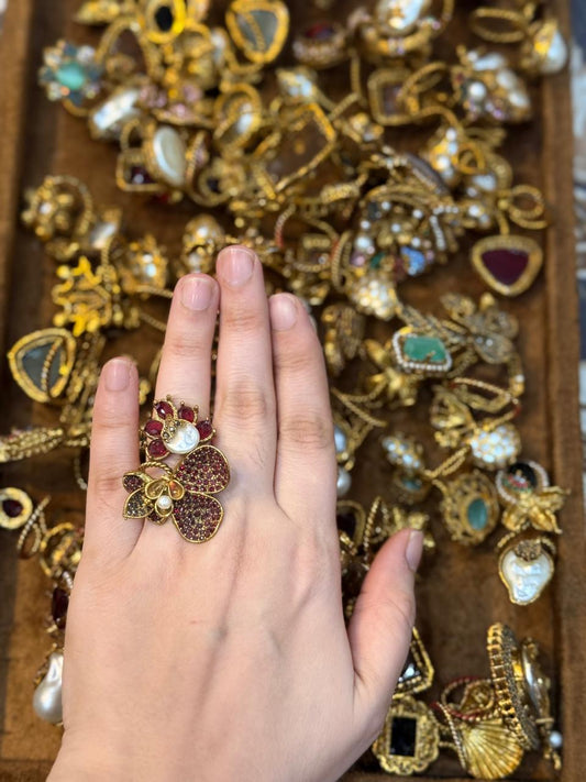 Turkish Ottoman Ring | Antique Gold Statement Ring with Semi-Precious Stone & Pearl Detail | New Arrival 46