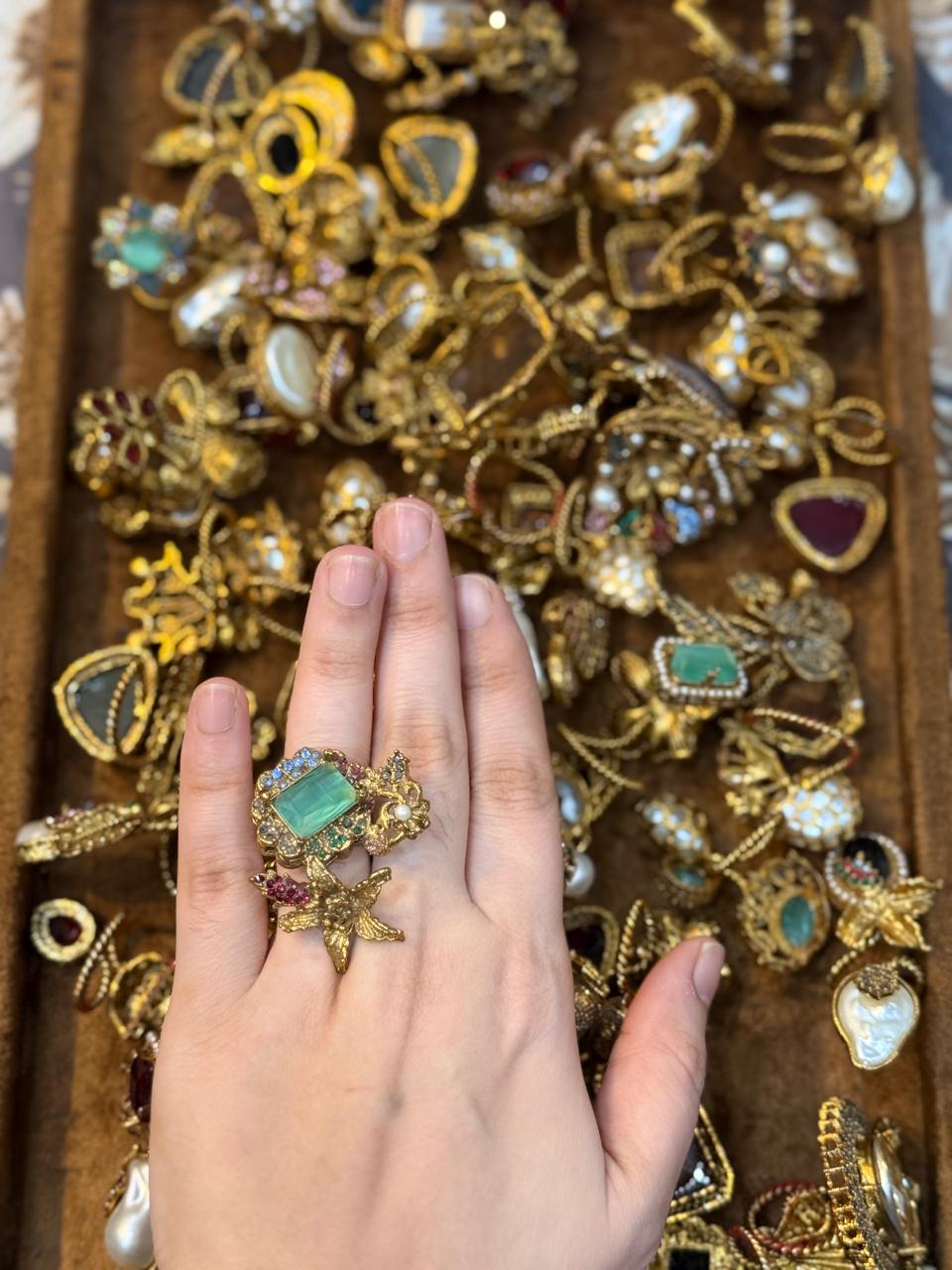 Turkish Ottoman Ring | Antique Gold Statement Ring with Semi-Precious Stone & Pearl Detail | New Arrival 47