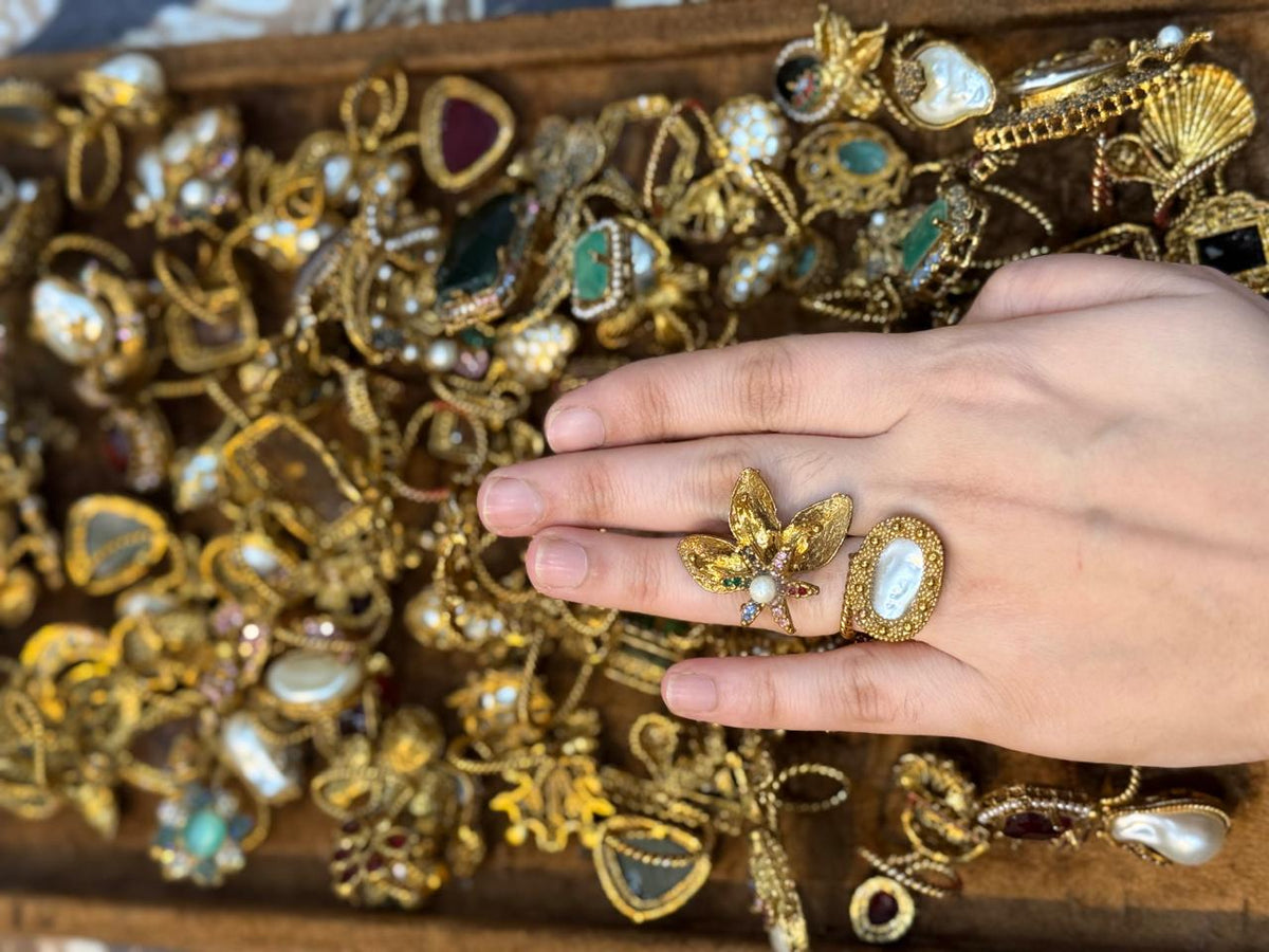Turkish Ottoman Ring | Antique Gold Statement Ring with Semi-Precious Stone & Pearl Detail | New Arrival 50