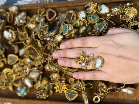 Turkish Ottoman Ring | Antique Gold Statement Ring with Semi-Precious Stone & Pearl Detail | New Arrival 50