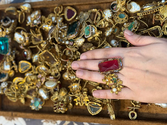 Turkish Ottoman Ring | Antique Gold Statement Ring with Semi-Precious Stone & Pearl Detail | New Arrival 51