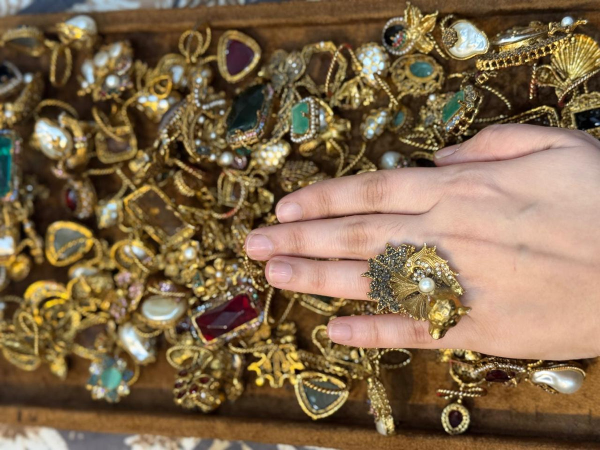 Turkish Ottoman Ring | Antique Gold Statement Ring with Semi-Precious Stone & Pearl Detail | New Arrival 52