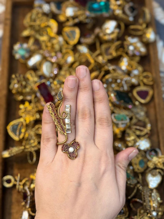 Turkish Ottoman Ring | Antique Gold Statement Ring with Semi-Precious Stone & Pearl Detail | New Arrival 53