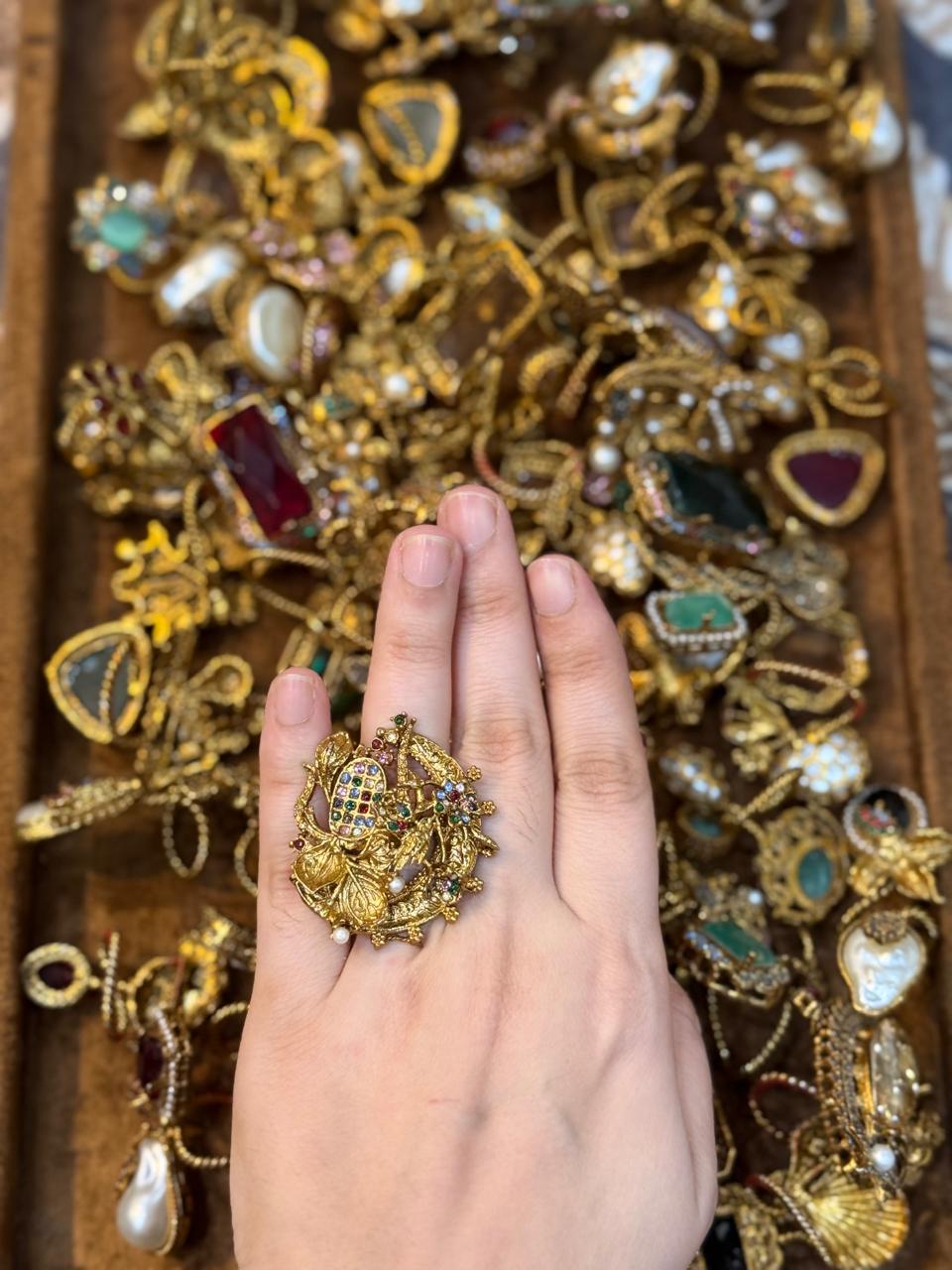Turkish Ottoman Ring | Antique Gold Statement Ring with Semi-Precious Stone & Pearl Detail | New Arrival 54