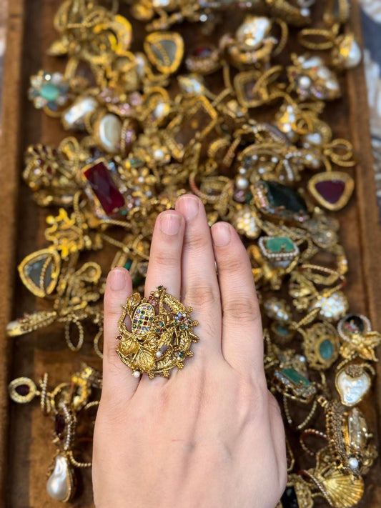Turkish Ottoman Ring | Antique Gold Statement Ring with Semi-Precious Stone & Pearl Detail | New Arrival 54