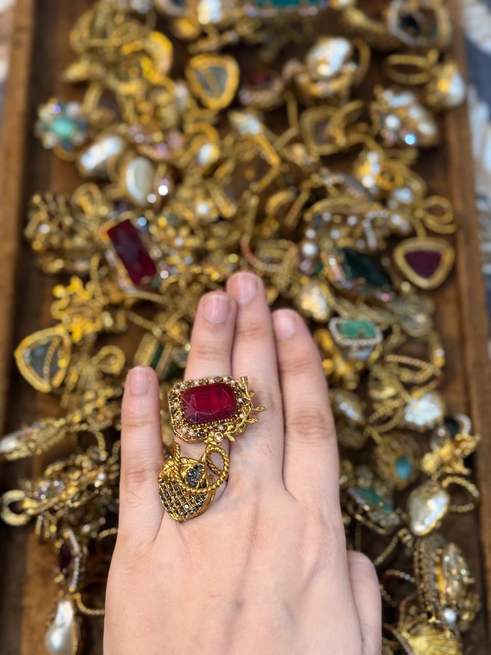 Turkish Ottoman Ring | Antique Gold Statement Ring with Semi-Precious Stone & Pearl Detail | New Arrival 55