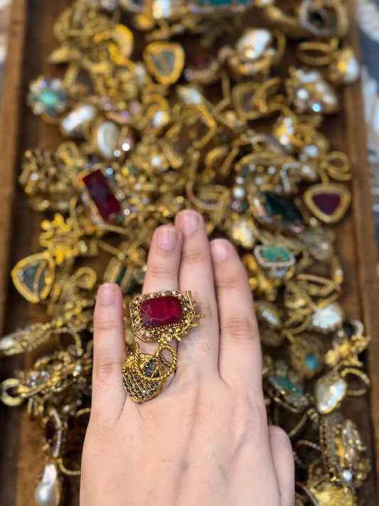 Turkish Ottoman Ring | Antique Gold Statement Ring with Semi-Precious Stone & Pearl Detail | New Arrival 55