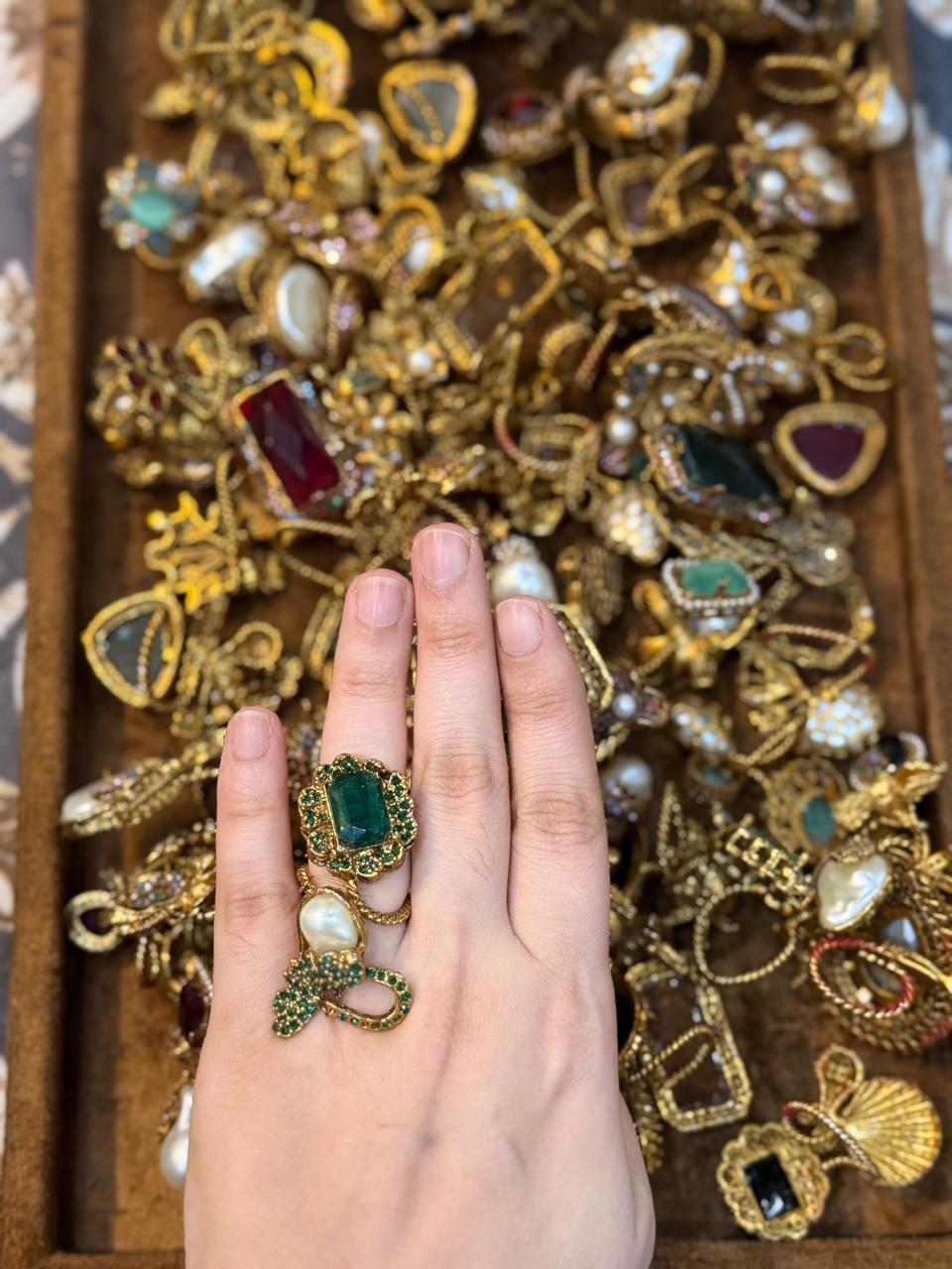 Turkish Ottoman Ring | Antique Gold Statement Ring with Semi-Precious Stone & Pearl Detail | New Arrival 56