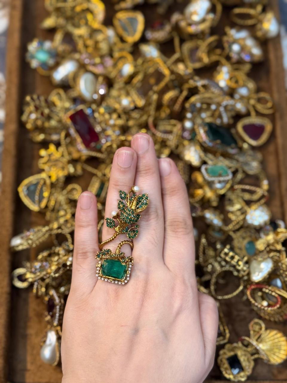 Turkish Ottoman Ring | Antique Gold Statement Ring with Semi-Precious Stone & Pearl Detail | New Arrival 57