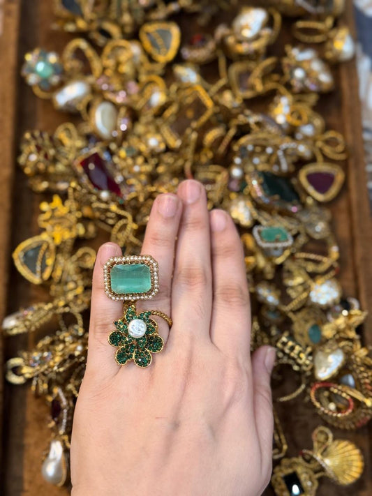 Turkish Ottoman Ring | Antique Gold Statement Ring with Semi-Precious Stone & Pearl Detail | New Arrival 58