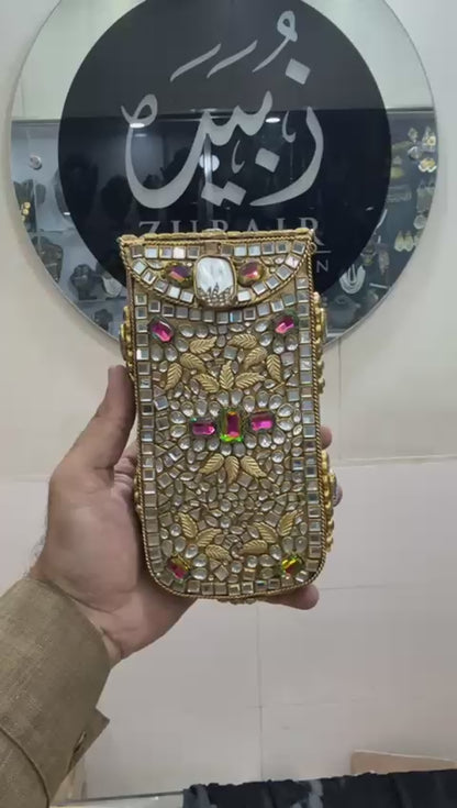Handmade Kundan Metal Clutch_Mobile Shape_New Design 2