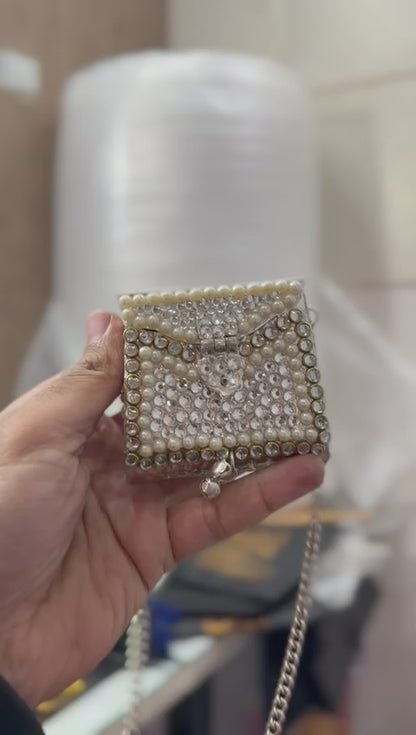 Stylish Small Indian Silver Pearl Metal Clutch