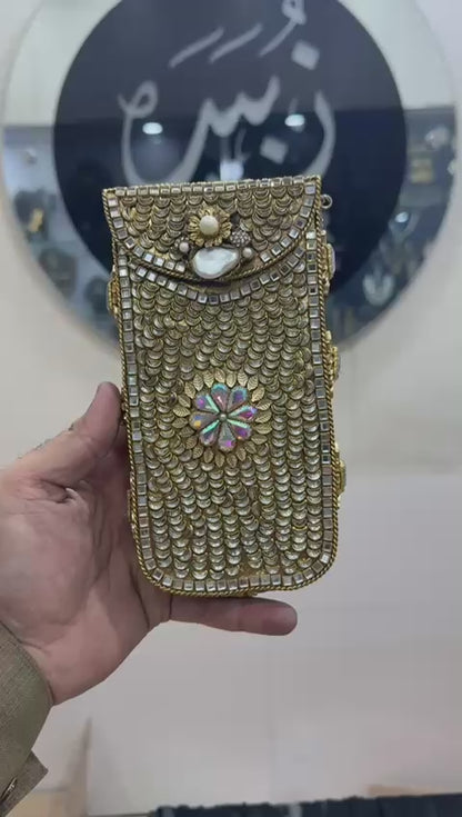 Handmade Kundan Metal Clutch_Mobile Shape_New Design 4