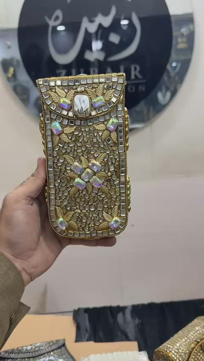 Handmade Kundan Metal Clutch_Mobile Shape_New Design 8