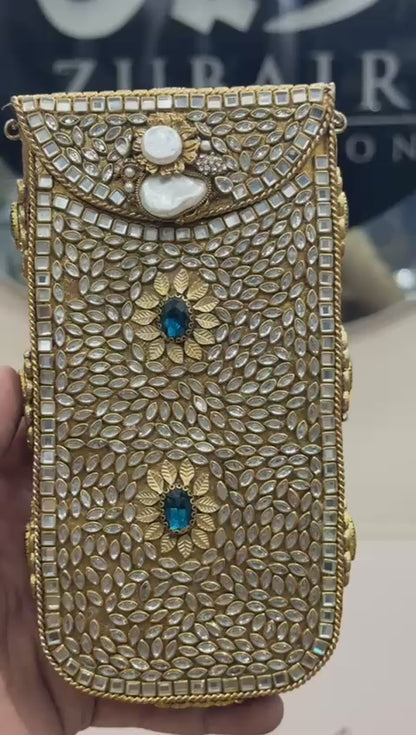 Handmade Kundan Metal Clutch_Mobile Shape_New Design 7